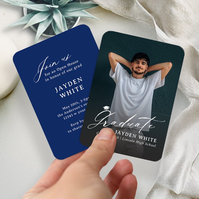 Cartão De Informações Navy Blue Mini Modern Script Photo Graduation (Navy Blue Mini Modern Script Photo Graduation Enclosure Card)