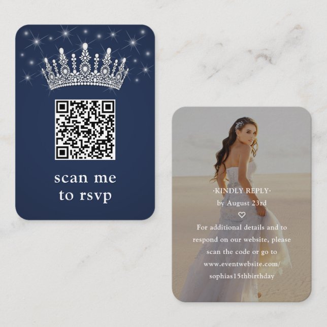 Cartão De Informações Navy Blue Quinceañera Crown & Stars QR RSVP Photo (Frente/Verso)