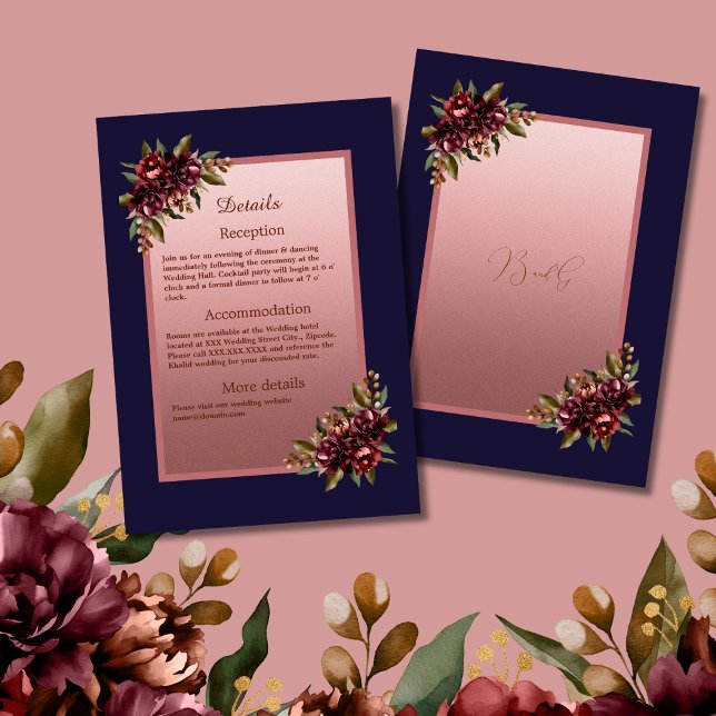 Cartão De Informações Navy Blue Rose Gold Script Burgundy floral wedding (Criador carregado)