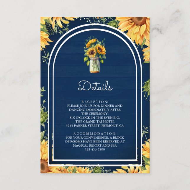 Cartão De Informações Navy Blue Sunflower Mason Jar Arch Wedding Details (Frente)