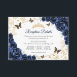 Cartão De Informações Navy Gold Quinceanera Reception Details<br><div class="desc">Navy gold Quinceanera reception details enclosure cards. Features,  script font,  gold butterflies,  watercolor roses and tiara. Perfect for an elegant princess style glam celebration. Personalize with your own details.</div>