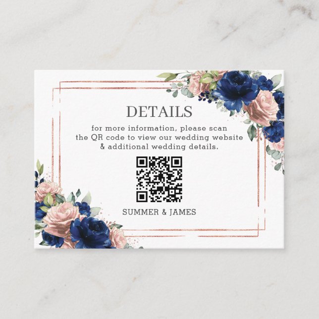 Cartão De Informações Navy Rose Gold Blush Floral Wedding Details QR  (Frente)