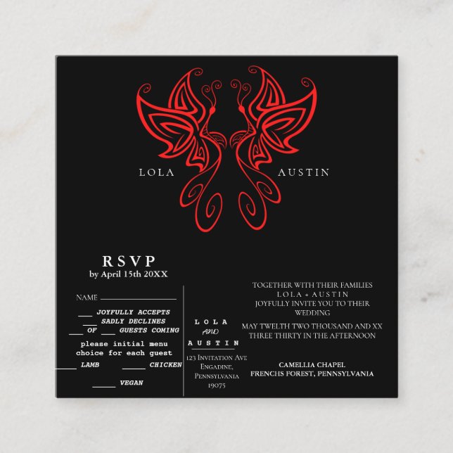 Cartão De Informações Negra e Branca Moderna Elegância Casada VERMELHA (Frente)