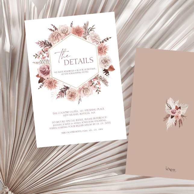 Cartão De Informações Noiva Boho Neutra com Coroa de Flores de Terracota (Boho Dusty Pink Floral Wreath Wedding Details Enclosure Card)