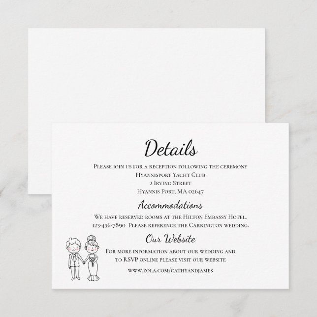 Cartão De Informações Noiva Desenho Animado Noivo Preto Branco Detalhes  (Frente/Verso)