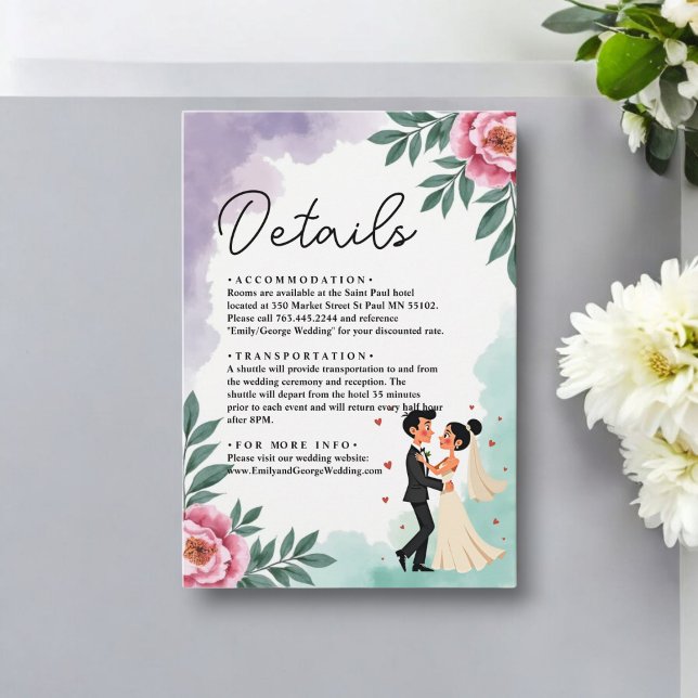 Cartão De Informações Noiva Floral E Casamento De Groom Da Elegante Wate (Criador carregado)