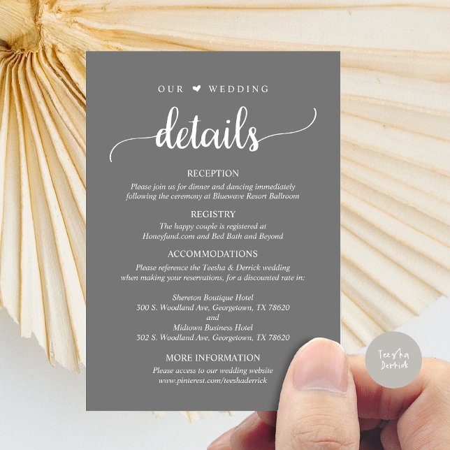 Cartão De Informações Nossos Detalhes De Casamento, Cinzas Rústicas Escu (Our Wedding Details, Rustic Script Invitation Enclosure Card, in Dark Grey)