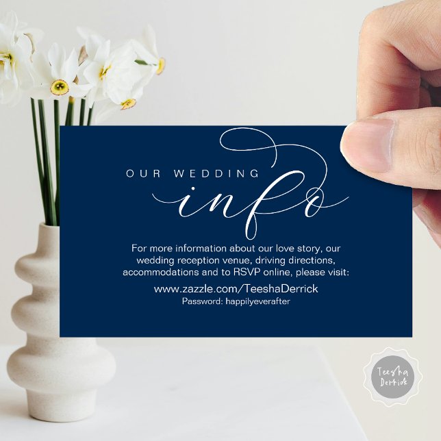 Cartão De Informações Nossos detalhes de casamento e site, moderno mínim (Our Wedding Info, Details Enclosed Small Card, RSVP, Website Address, in Navy Blue)