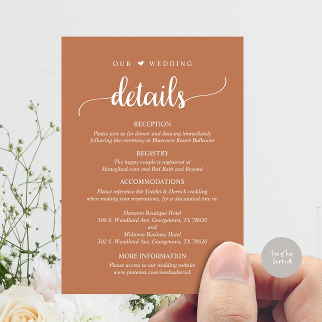 Cartão De Informações Nossos Detalhes De Casamento, Rustic Copper Rust B (Our Wedding Details, Rustic Script Invitation Enclosure Card, in Copper Brown)