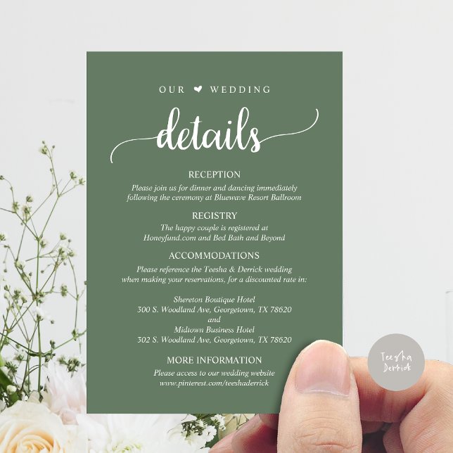 Cartão De Informações Nossos Detalhes De Casamento, Rustic Forest Sage G (Our Wedding Details, Rustic Script Invitation Enclosure Card, in Sage Green)