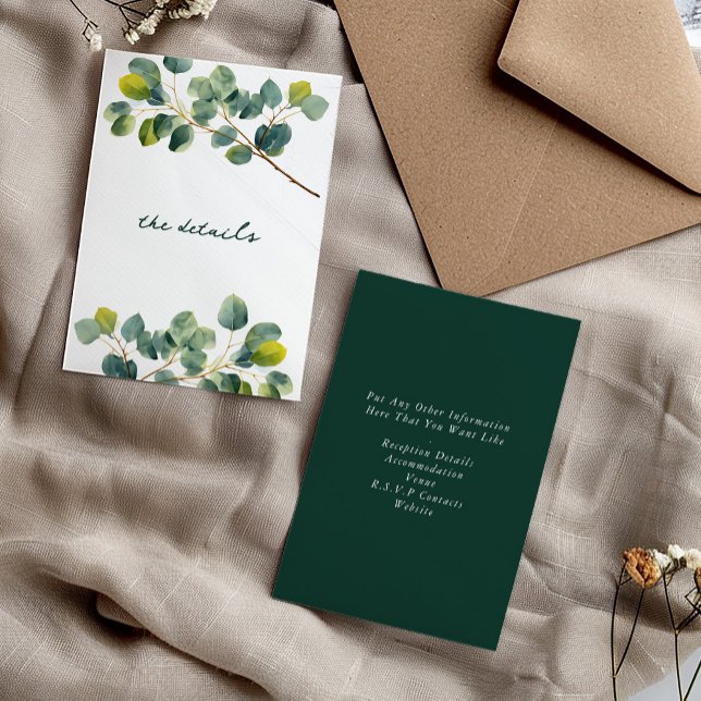 Cartão De Informações O Eucalyptus Branch Casou o Gabinete de Detalhes (Eucalyptus branch wedding "The details" enclosure card.)
