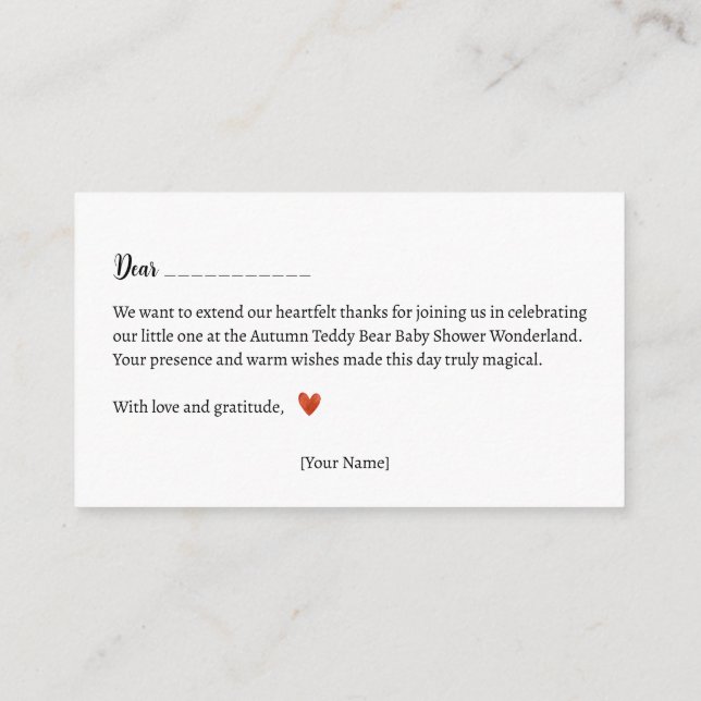 Cartão De Informações Obrigado! Chá de fraldas do Urso de Folha de outon (Verso)