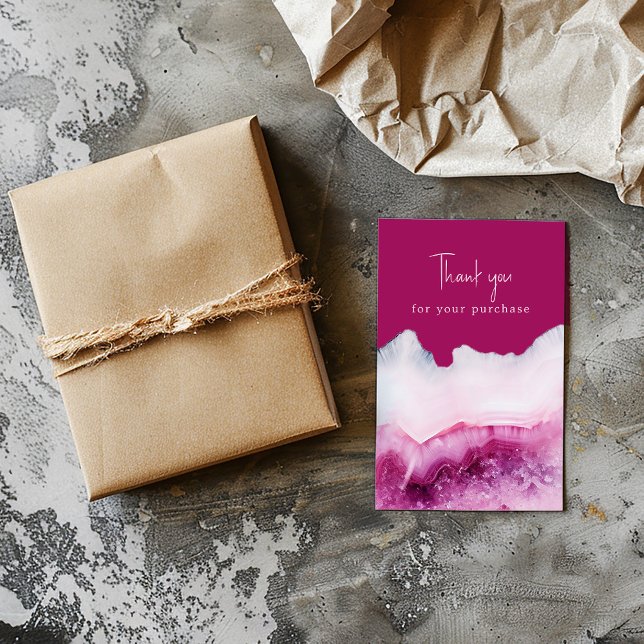 Cartão De Informações Obrigado de efeito de efeito de agente rosa para s (Pink agate effect enclosure card that says "Thank you for your purchase" and space your message)