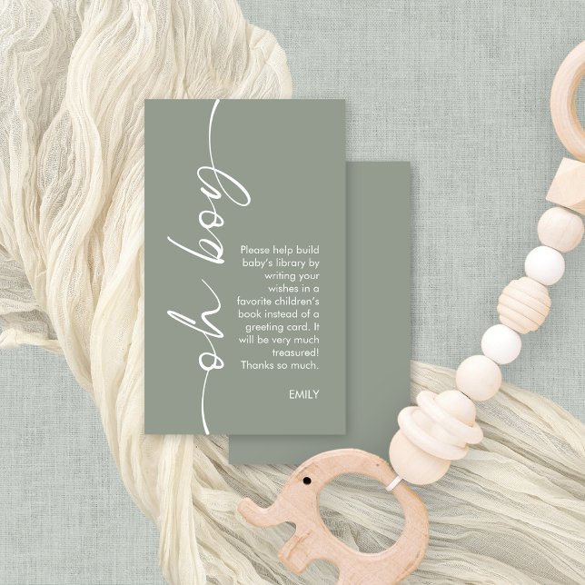 Cartão De Informações Oh Boy Sage Books para Chá de fraldas (Front and back view of small enclosure books for baby card)