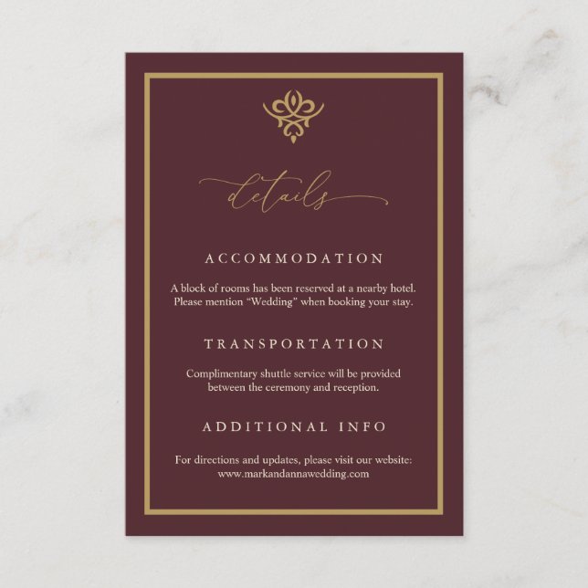 Cartão De Informações Old Money Burgundy Wedding Enclosure Card (Frente)