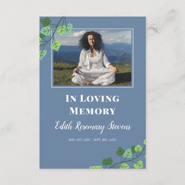 Cartão De Informações Oração de Fotos Funerais Azul e Ivy (Frente)