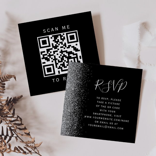Cartão De Informações Orçamento Black Silver Glitter Wedter QR Code RSVP (Criador carregado)
