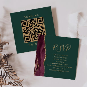 Cartão De Informações Orçamento Borgonha Ouro Ágata Verde Código QR RSVP