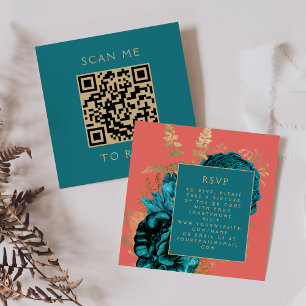 Cartão De Informações Orçamento Floral Teal Coral Dourado Código QR RSVP