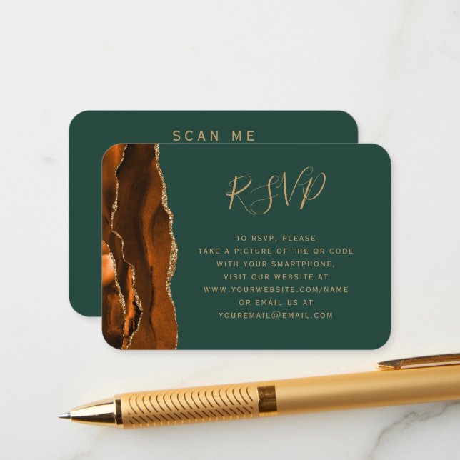 Cartão De Informações Orçamento Rust Ouro Ágata Verde Casamento QR Code  (Frente/Verso In Situ)