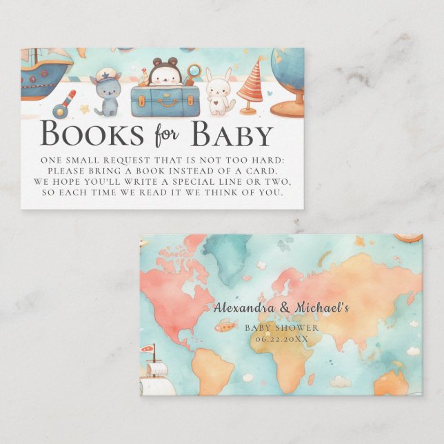 Cartão De Informações Our Greatest Adventure Map Books for Baby Shower (Frente/Verso)