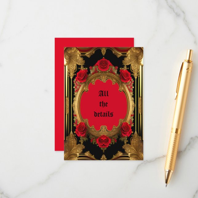 Cartão De Informações Ouro com rosas vermelhas, casamento gótico (Frente/Verso In Situ)