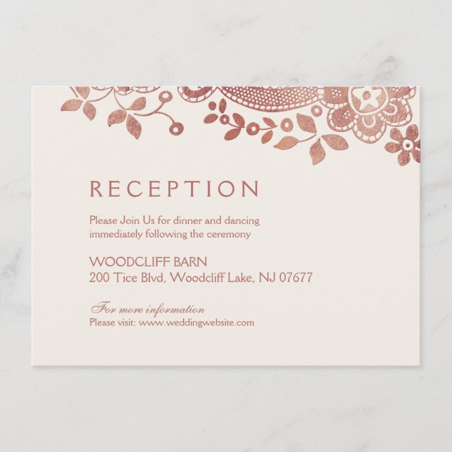 Cartão De Informações Ouro rosa elegante recepção de casamento de renda  (Frente)