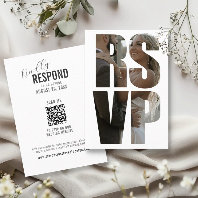 Cartão De Informações Palavras de Foto de RSVP de Casamento Divertidas C (Custom RSVP photo words kindly respond on wedding website scan QR code informal enclosure card )