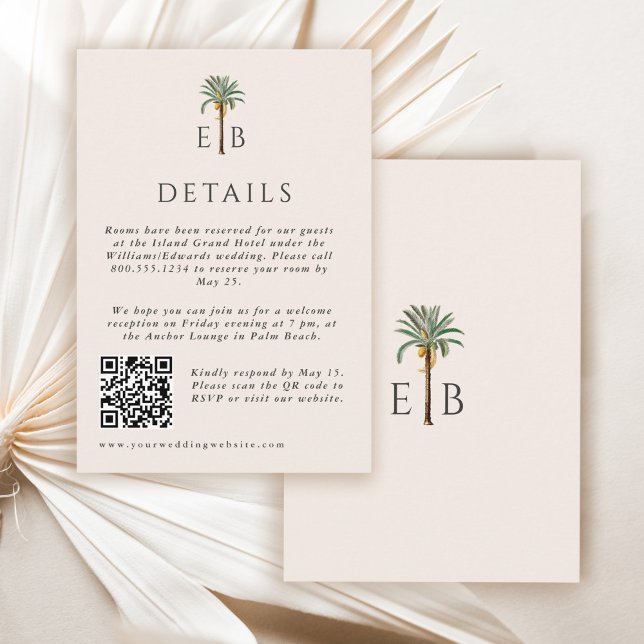 Cartão De Informações Palm Elegant Tropical Monogram Wedding Details (Criador carregado)