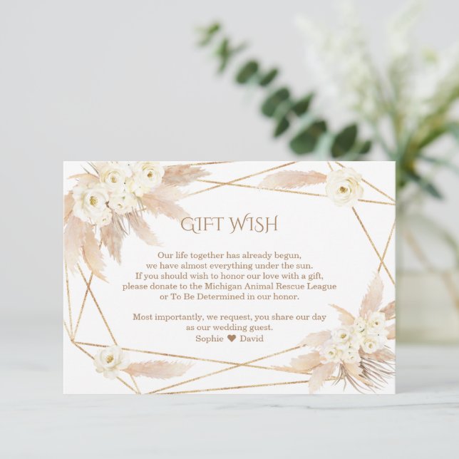 Cartão De Informações Pampas Grass White Flowers Wedding Gift Wish  (Em pé/Frente)