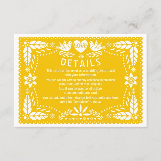 Cartão De Informações Papel picado amor aves amarelas detalhes do casame (Frente)