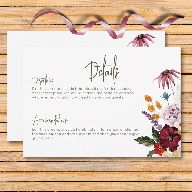 Cartão De Informações Pastel & Burgundy Blooms Modernos Detalhes Florais (Pastel & Burgundy Blooms Modern Floral Details Enclosure Card)