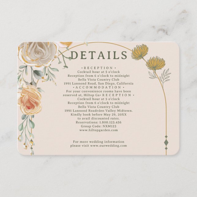 Cartão De Informações Pastel Gold Floral Wedding Enclosure Card  (Frente)
