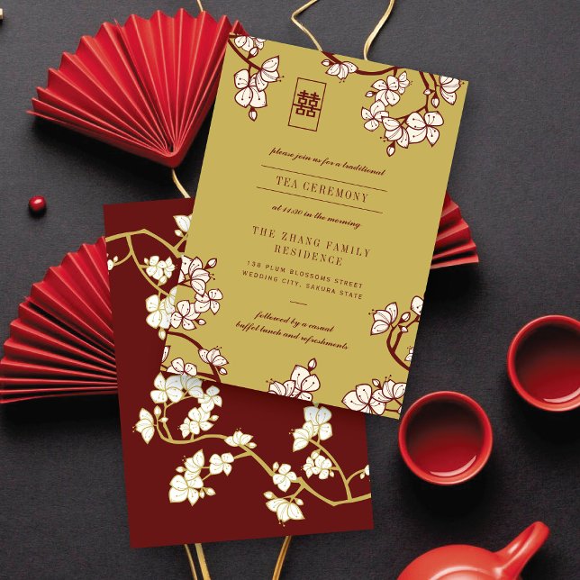 Cartão De Informações Peach/Plum Blossomo Duplo Xi Cerimônia de Chá Chin (Peach/Plum Blossoms Double Happiness Chinese Tea Ceremony Enclosure Card @ fatfatin_red_knot)