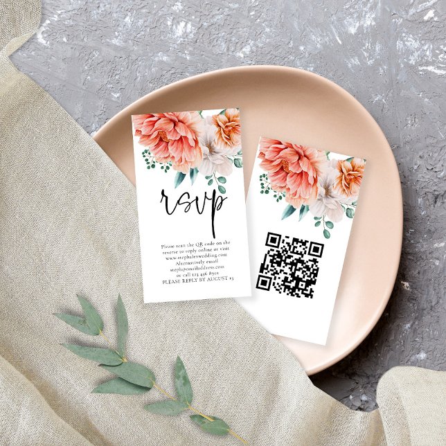 Cartão De Informações Pêonias Florais Script Código QR Casamento RSVP (Criador carregado)