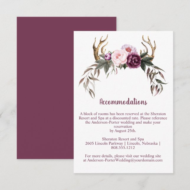 Cartão De Informações Peônias Roxas e Galhadas Boho Rústico (Frente/Verso)