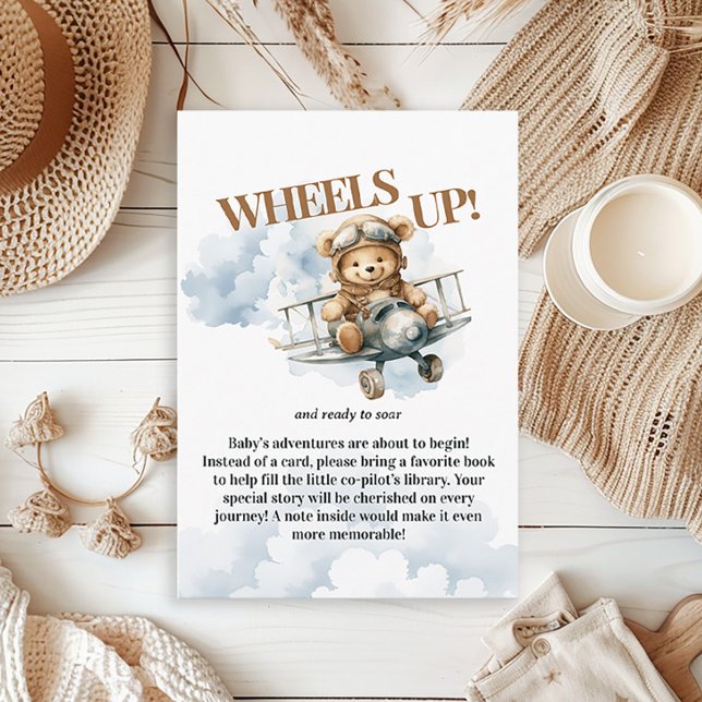 Cartão De Informações Piloto do Urso de Teddy em Seu Caminho Livros para (A little co-pilot is on the way "Wheels Up" baby shower Books for Baby" enclosure card)