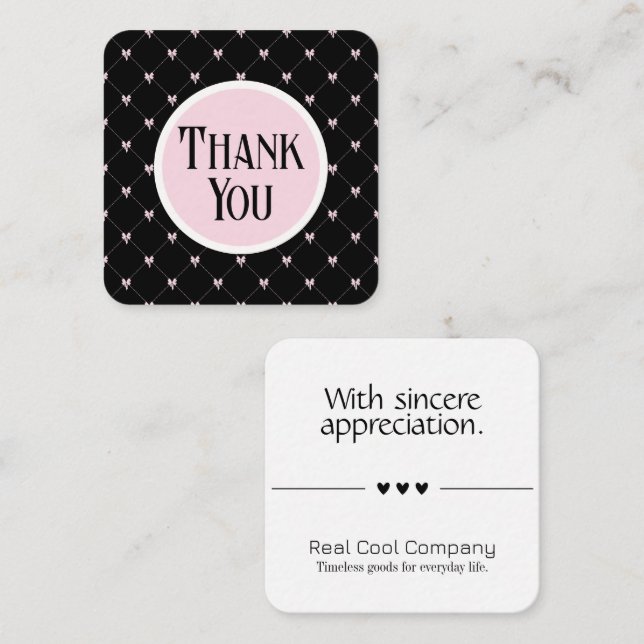 Cartão De Informações Pink & Black Bow Monogram Thank You Card (Frente/Verso)