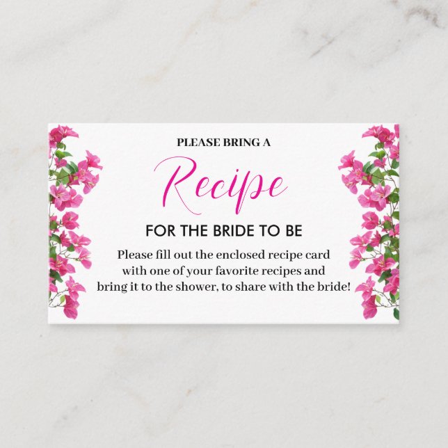 Cartão De Informações Pink Bougainvillea Floral Bridal Recipe Card (Frente)