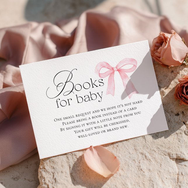 Cartão De Informações Pink Bow Baby Shower Books for Baby (Criador carregado)