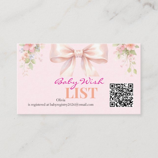 Cartão De Informações Pink Bow Coquette Floral Baby Registry QR Code (Frente)
