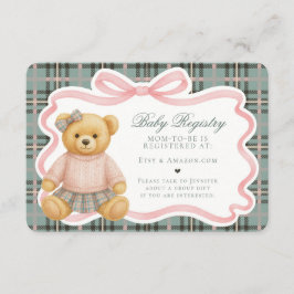 Cartão De Informações Pink Coquette Bow Bear Plaid Baby Registry Card