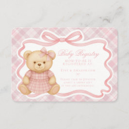 Cartão De Informações Pink Coquette Bow Bear Plaid Baby Registry Card