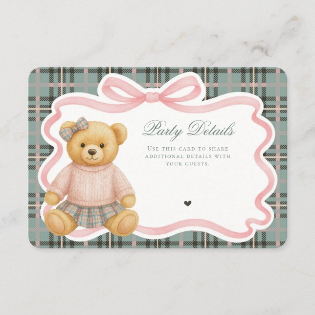 Cartão De Informações Pink Coquette Bow Bear Tartan Plaid Details Card (Frente)