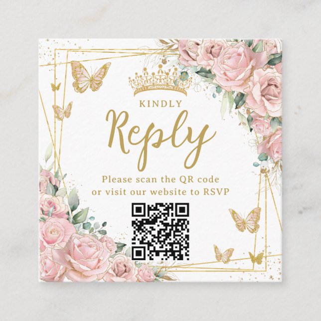 Cartão De Informações Pink Floral Butterflies Quinceanera RSVP QR Code (Frente)