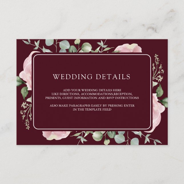 Cartão De Informações Pink Floral Eucalyptus Burgundy Wedding Details (Frente)