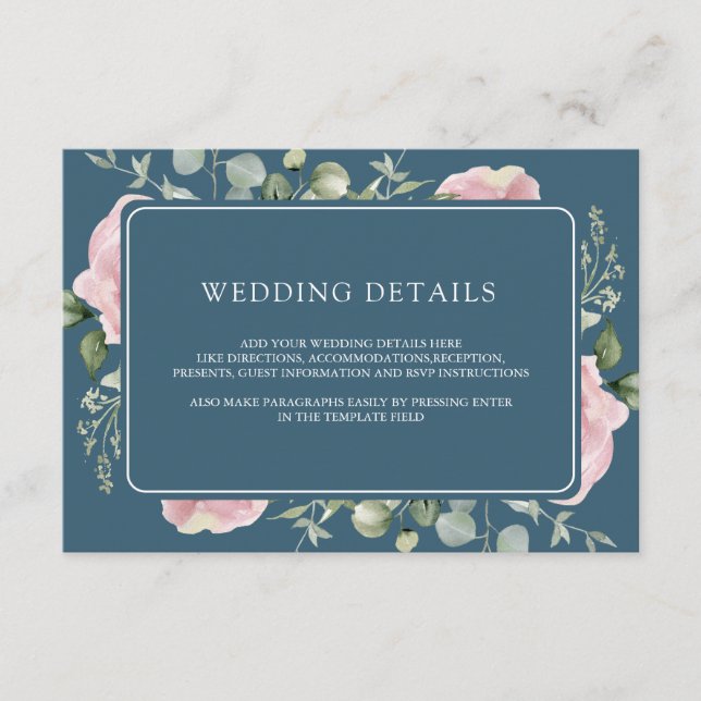 Cartão De Informações Pink Floral Eucalyptus Dusty Blue Wedding Details (Frente)