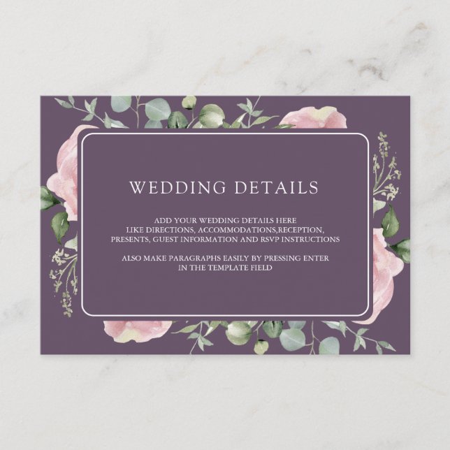Cartão De Informações Pink Floral Eucalyptus Dusty Purple Wedding Detail (Frente)