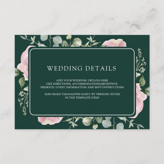 Cartão De Informações Pink Floral Eucalyptus Emerald Wedding Details (Frente)