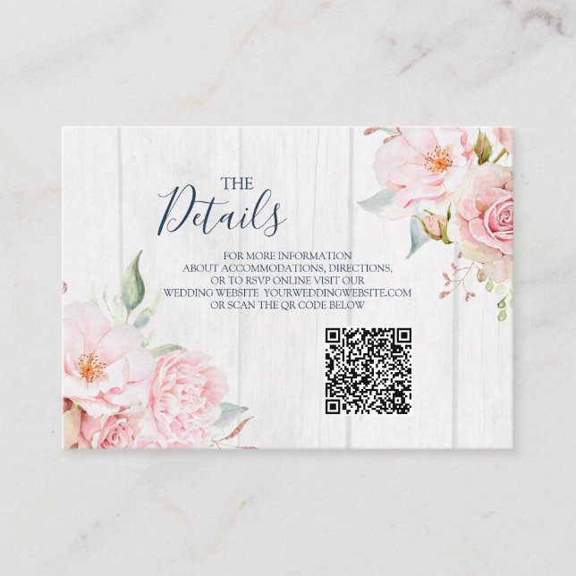 Cartão De Informações Pink Floral Spring Wedding QR code Details Insert (Frente)